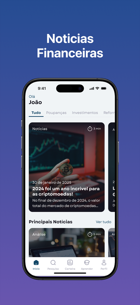 DECO PROteste Investe - Dashboard de notícias financeiras na aplicação móvel DECO PROteste Investe.
