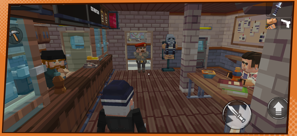 Simple Sandbox 3 - Pixel Craft - Un grupo de personajes cuadrados en la sala de un bar pixelado en Simple Sandbox 3