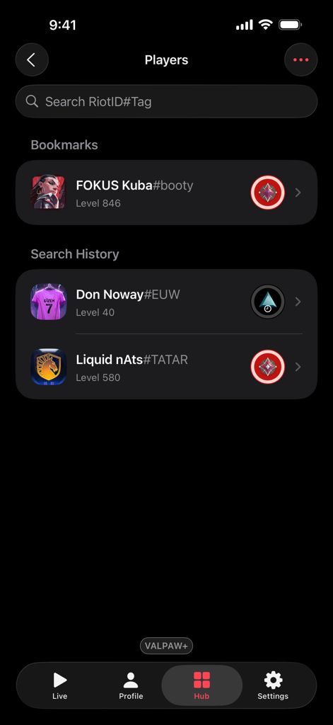 VALPAW player search screen with bookmarked and recently viewed Valorant profiles