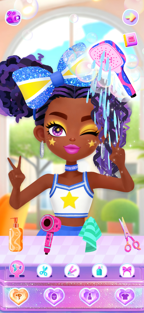 A character with purple hair getting their hair washed in the Aha Makeover beauty salon app.