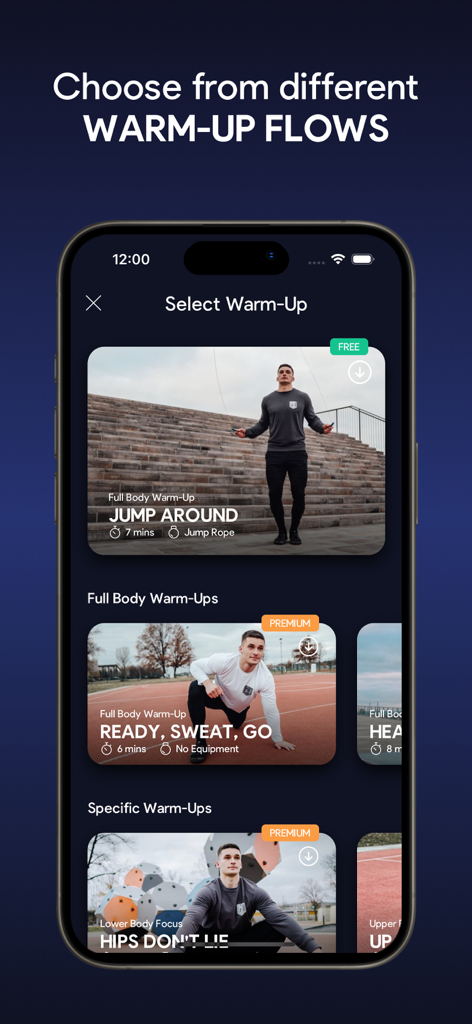SmartWOD Workout Generator - SmartWODモバイルアプリの画面。全身や特定の筋肉群のフローなど、さまざまなウォームアップルーチンが表示されています。