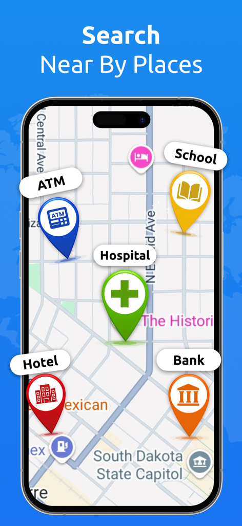 GPS Phone Location Map Tracker - Smartphone screen showing a map with icons for nearby places including school hospital bank and hotel