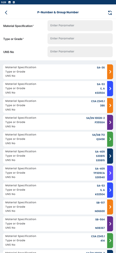 ASME IX Welding - Ein Suchbildschirm in der ASME IX Welding App zum Nachschlagen von P-Nummern und Gruppennummern nach Materialspezifikation und Güte.