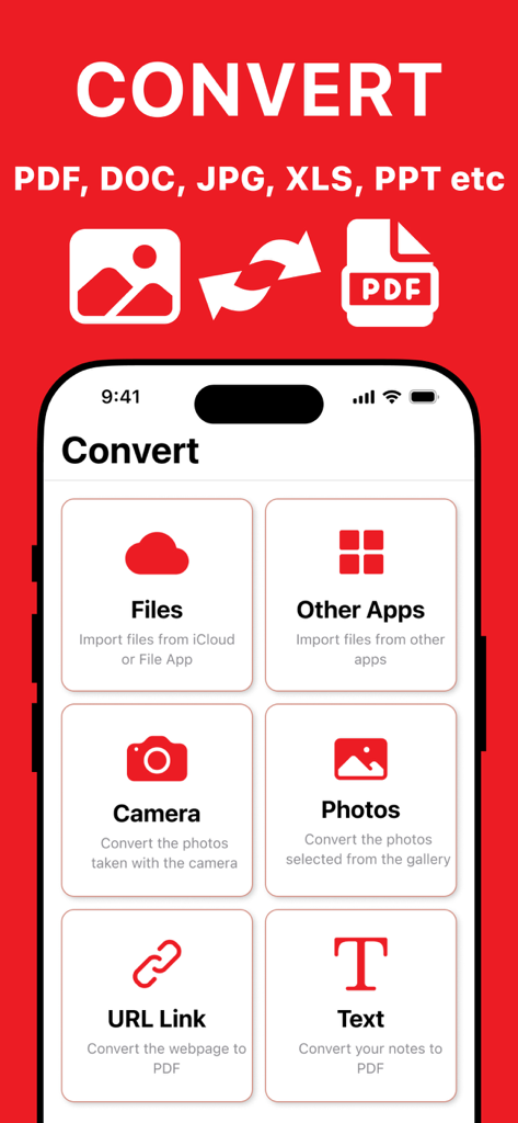 Interface of the PDF Converter app displaying options to convert files, photos, camera captures, and web pages into PDF documents.