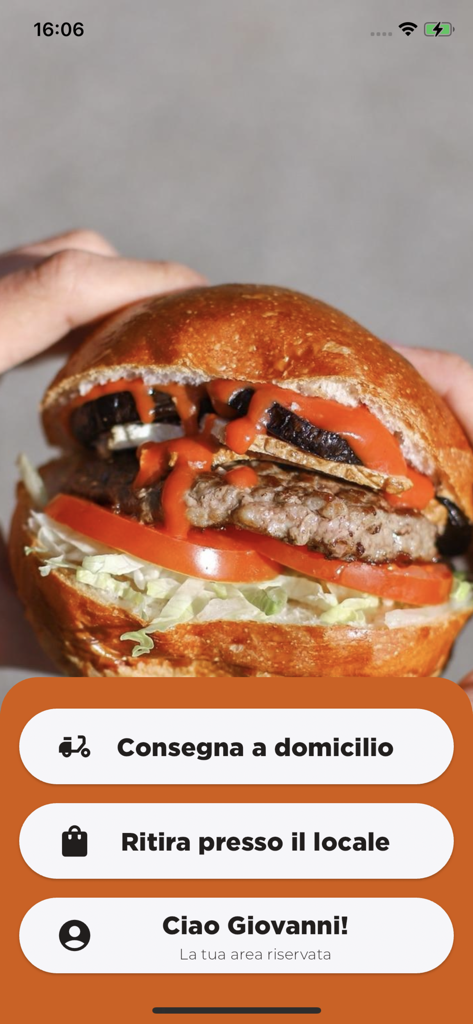 Fast24 - Fast24 mobile app interface showing a burger and buttons for home delivery or pickup