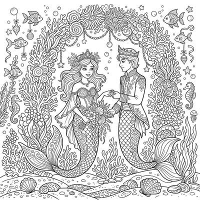 Celebrate an enchanting underwater royal wedding with this intricate coloring page. Featuring a mermaid princess and her prince under a floral arch, it's a magical scene ready for your creative colors.