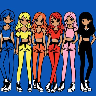 a group of girls wearing crop tops and shorts