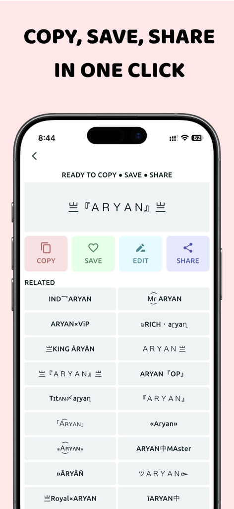 Nickname generator, Name style - Nickname generator app interface showing stylish name variations and one-click copy save and share buttons