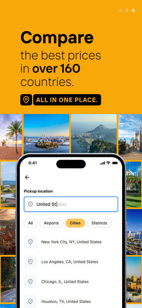Rentcars: Car rental - Interfaz de la app de alquiler de coches Rentcars mostrando una búsqueda de alquiler de coches para ciudades de EE. UU. con opciones de comparación global.