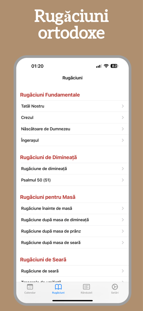 Calendar Ortodox 2026 - Interface de l'application Calendrier Orthodoxe 2026 montrant une liste de prières orthodoxes roumaines catégorisées, y compris les prières du matin et du soir.