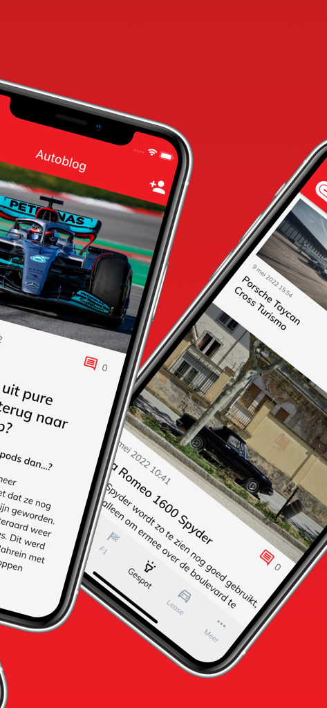Mobile app interface for Autoblog showing car news and community car spots