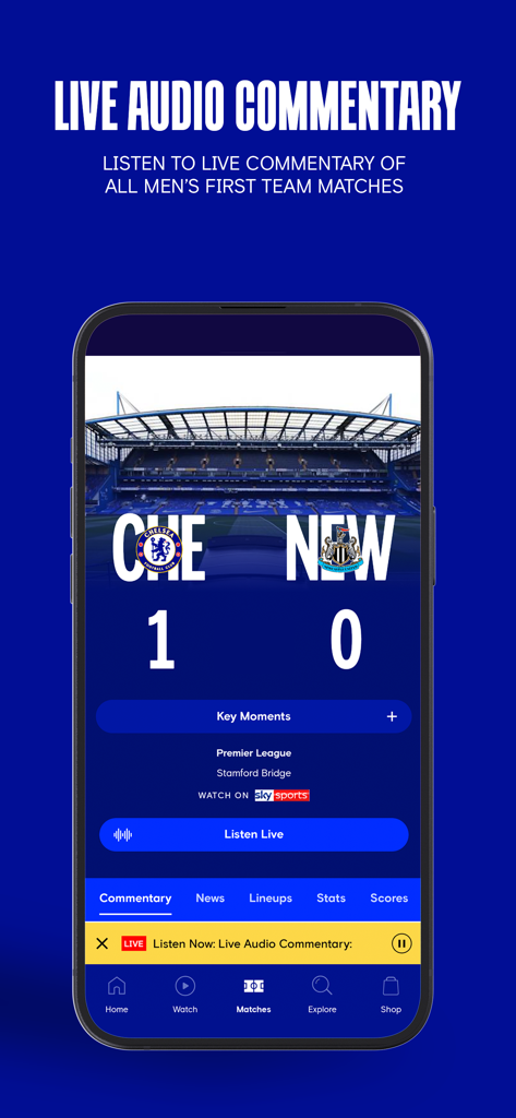 Chelsea Official App - Chelsea official app interface showing live match commentary feature with scores and a listen live button