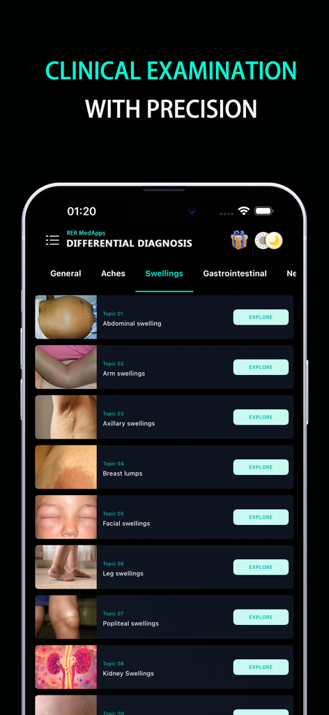 Clinical examination interface showing a list of swelling topics in the Differential Diagnosis app