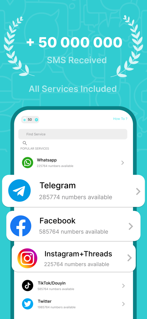 SimCode - Virtual Number SMS - SimCode app interface showing available virtual numbers for SMS verification on social media platforms