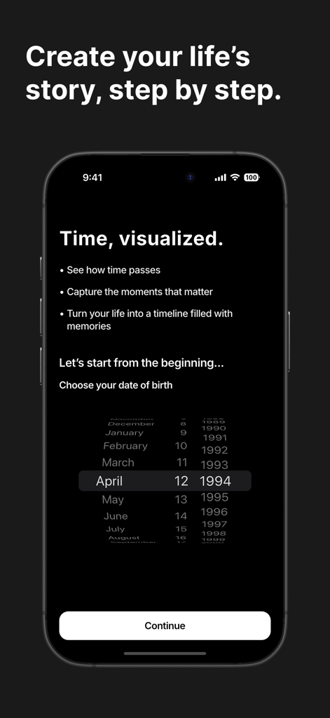 Life Calendar: Visual Timeline - Onboarding screen of Life Calendar app showing date of birth selection to start a visual life timeline