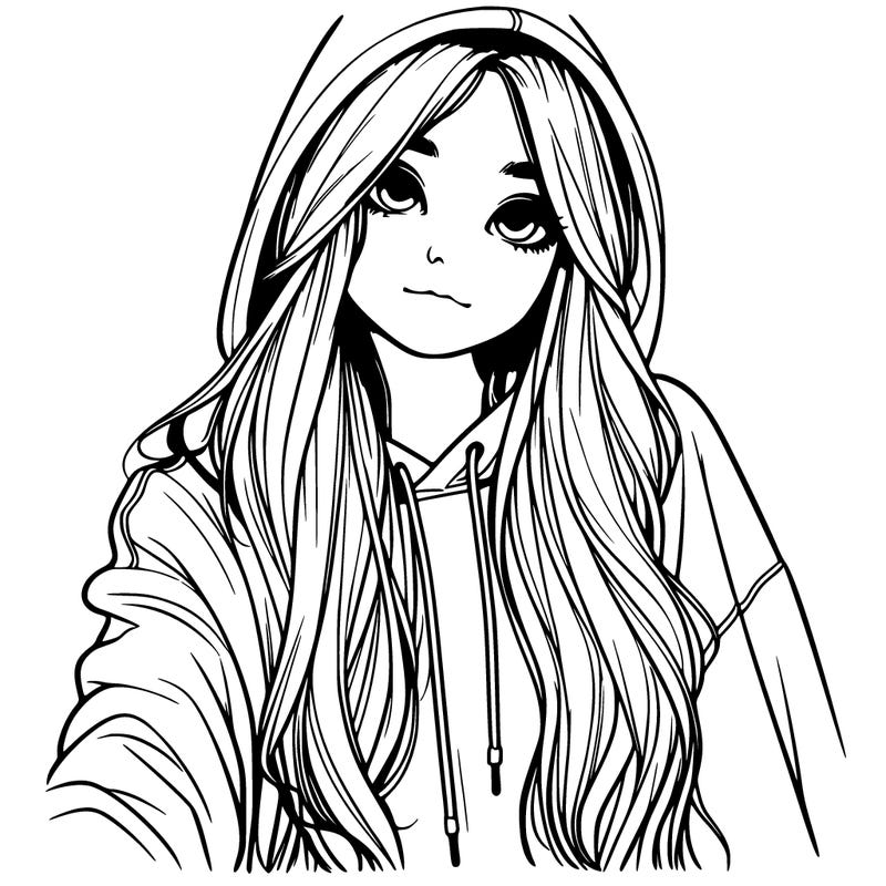 realistic girl with long hair and baggy sweatshirt and face