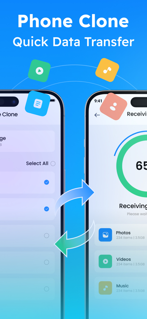 Share Go Mobile Data Transfer - Interfaz que muestra la transferencia de datos inalámbrica entre dos teléfonos inteligentes con íconos de fotos y videos