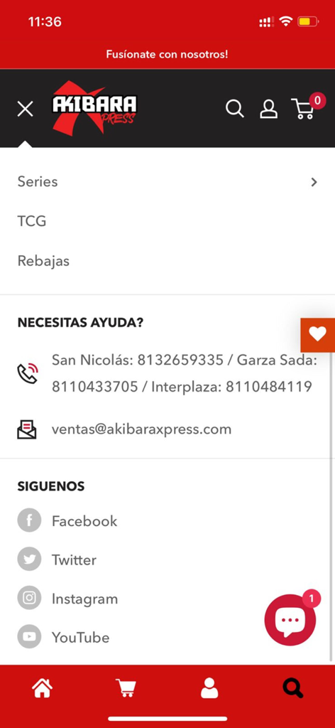 Akibara Xpress - Menú de navegación de la aplicación Akibara Xpress con categorías e información de contacto