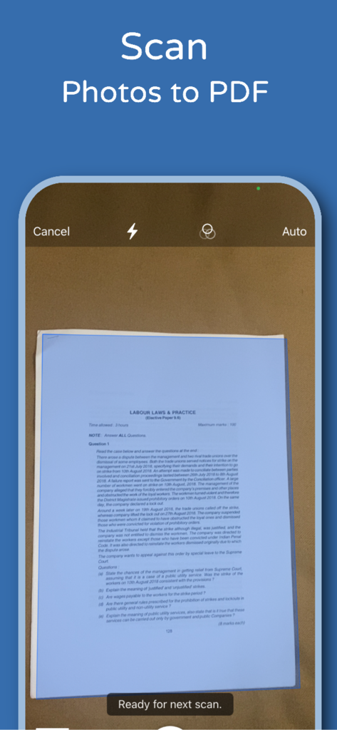 Une interface d'application mobile montrant un document en cours de numérisation pour créer un fichier PDF