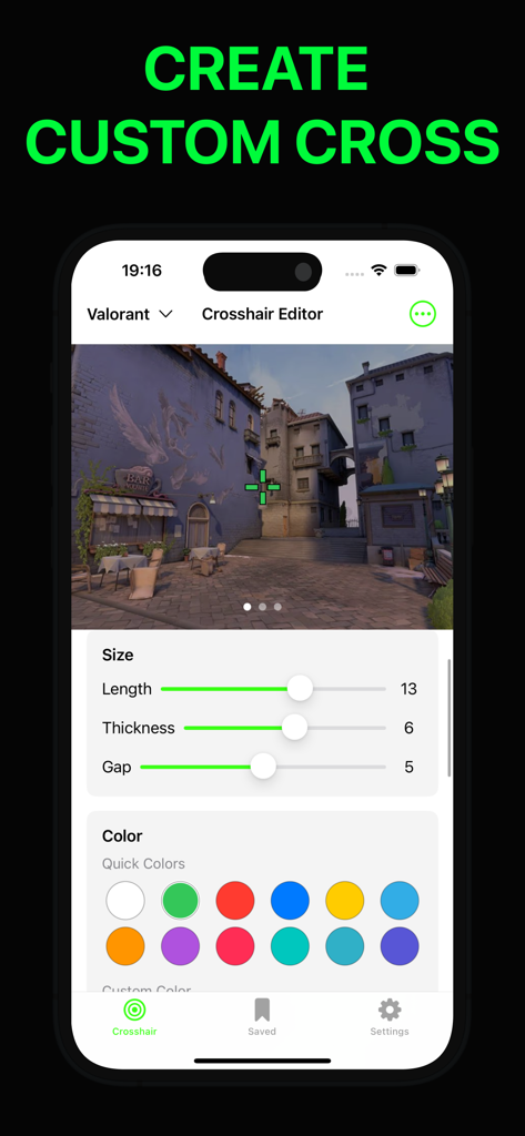 Custom Crosshair - Aimzone - A mobile interface for the Custom Crosshair app showing customization sliders for length, thickness, and gap along with a color palette for a gaming crosshair.