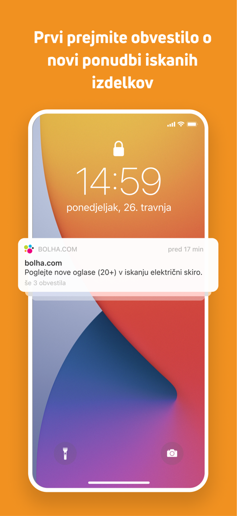 bolha.com - Smartphone lock screen showing a push notification from the bolha.com marketplace app about new classified ads for a saved search