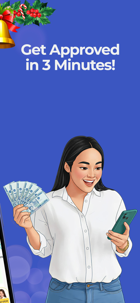 Illustrated woman holding Philippine Pesos and a smartphone with text saying Get Approved in 3 Minutes.