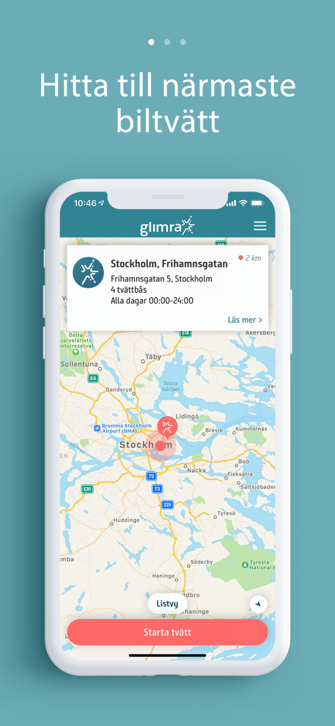 Glimra - Glimra app map interface showing car wash locations in Stockholm