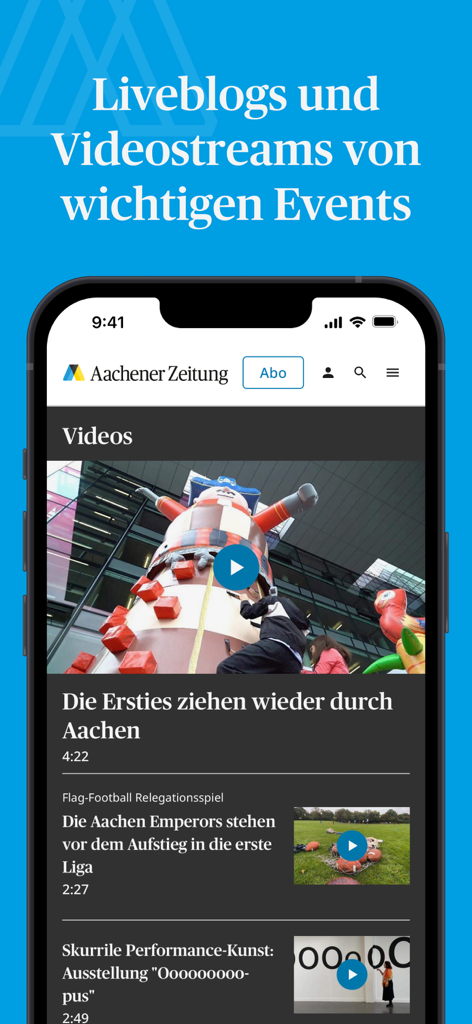 Aachener Zeitung News - Screenshot of the Aachener Zeitung News app showing a video section with local news reports and events