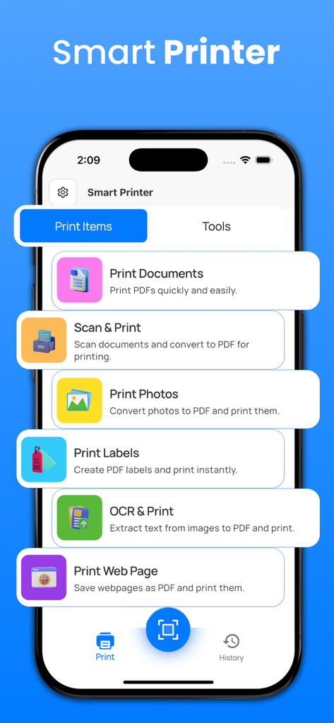 Printer App: Photo & Scan Pdf - La interfaz principal de una aplicación de impresión móvil que muestra varias opciones de impresión y escaneo como Imprimir Documentos, Escanear e Imprimir y OCR.