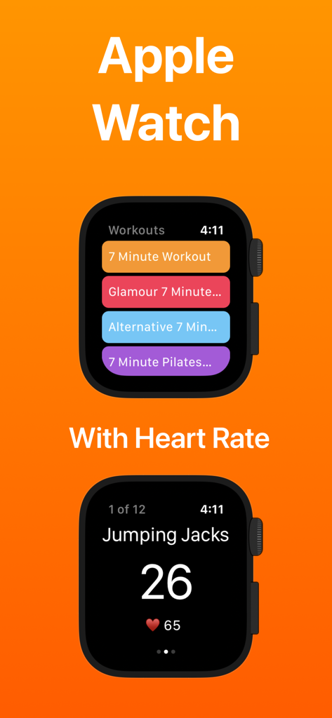 7 Minute Workout - Apple Watch interface for the 7 Minute Workout app showing exercise selection and heart rate monitoring.