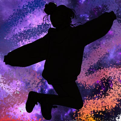 realistic girl jumping with a bun and oversized sweatshirt