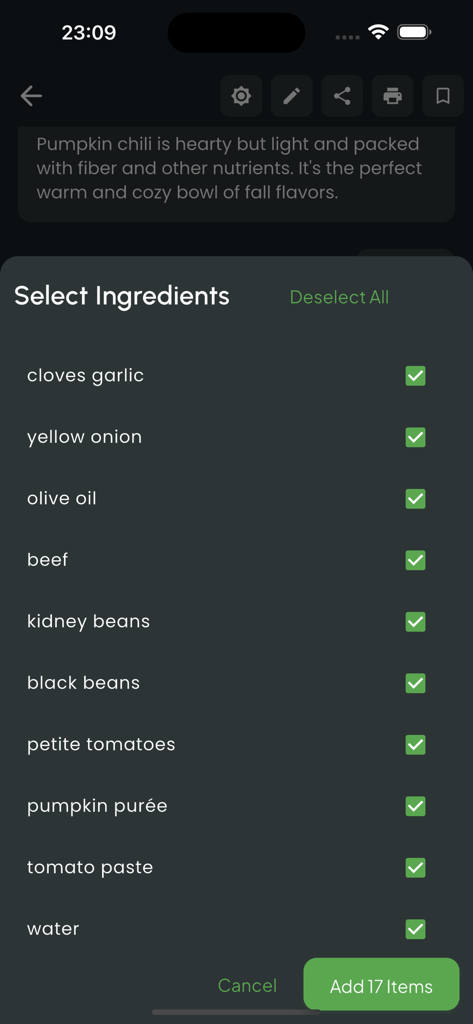 Selecting ingredients checklist from a recipe in the Only Recipe mobile app