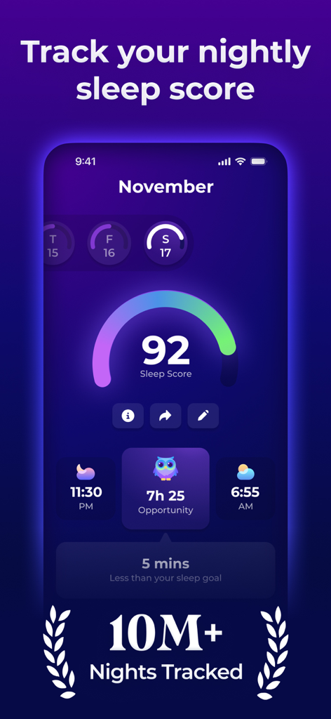Sleepiest: Sleep Meditations - Sleepiest app interface showing a nightly sleep score of 92 and sleep duration tracking statistics
