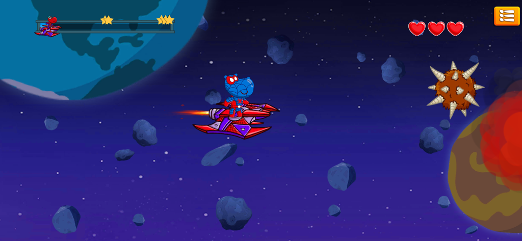 Hippo: Superheroes Battle - A blue hippo in a superhero costume flying a rocket jet through space in a mobile game level.