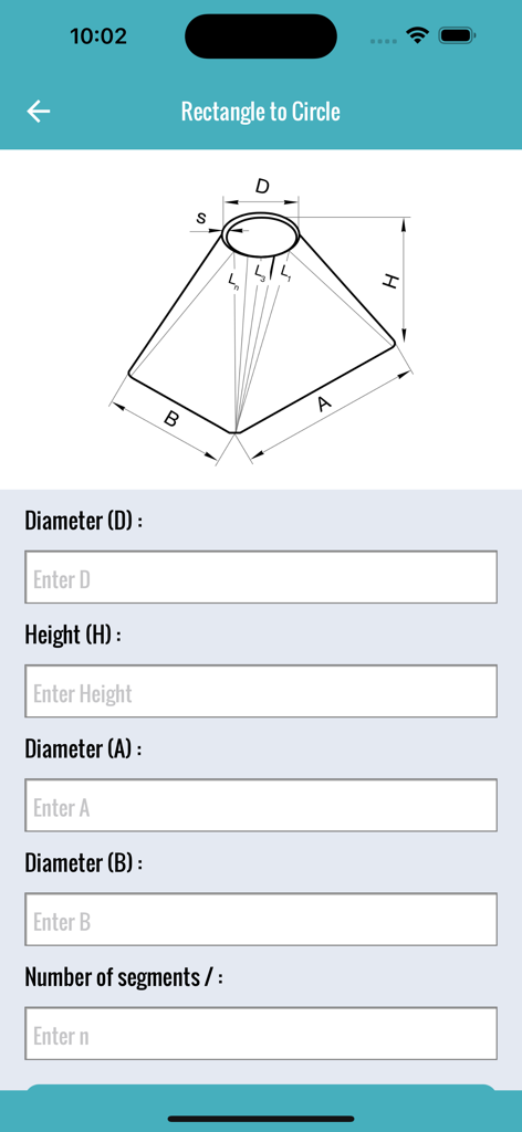 Flat Pattern Bend Calculator - Technical diagram and input fields for a rectangle to circle sheet metal transition calculation