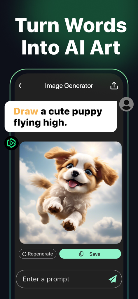 AI Chat − AI Chatbot Assistant - AI Chat app interface showing an AI generated image of a cute puppy flying in the clouds from a text prompt