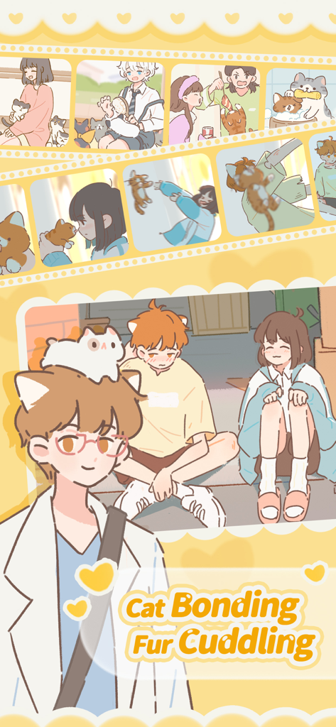 Purrfect Tale - Eine Filmstreifen-Montage von Charakteren, die sich um Katzen kümmern, und eine zentrale Szene mit katzenohrigen Jungs in Purrfect Tale