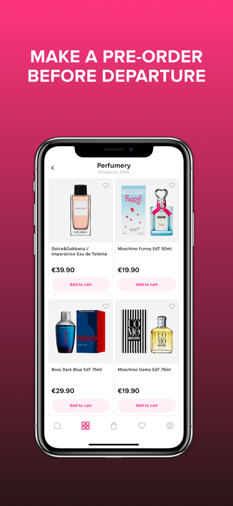 MyDutyFree Mobile App zeigt einen Katalog von Luxusparfüms, die zur Vorbestellung verfügbar sind