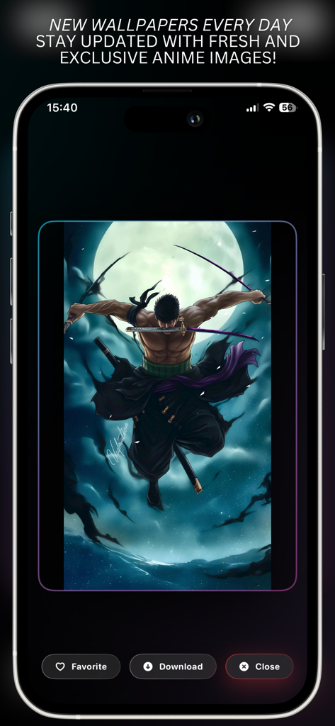 Tela do iPhone exibindo um papel de parede de anime de alta resolução de Roronoa Zoro com botões de download