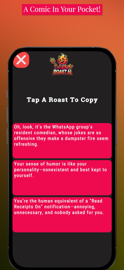 Roast Bot:AI Insult & Joke App - Smartphone screen displaying AI-generated roasts and witty insults within the Roast Bot app.