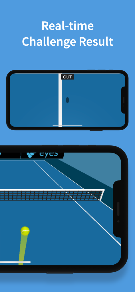 eyes3: AI LineCall and VAR - Smartphone screen displaying a real-time AI line call challenge result for a tennis match