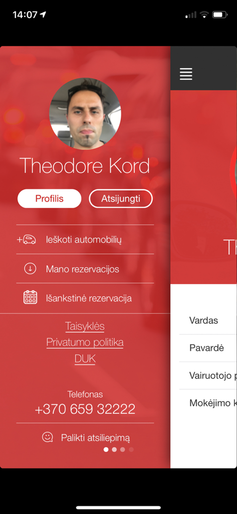 AUTOCOM GOレンタカーモバイルアプリのユーザープロフィールとナビゲーションメニュー画面
