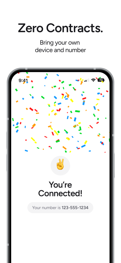 A smartphone screen showing a successful activation message with confetti and text promoting zero contracts and bringing your own device.