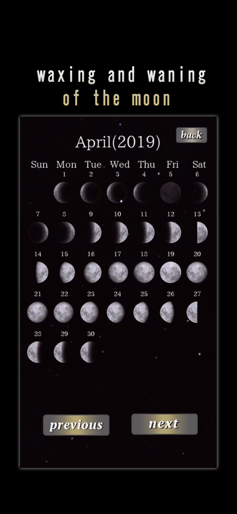 MoonFace -Calender of the Moon - Un calendario lunar mensual que muestra varias fases lunares, desde creciente hasta menguante, sobre un fondo oscuro estrellado