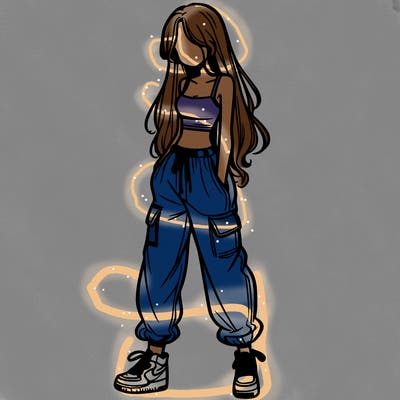 girl in baggy pants crop top and long hair