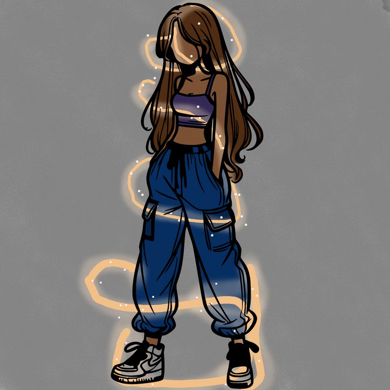 girl in baggy pants crop top and long hair