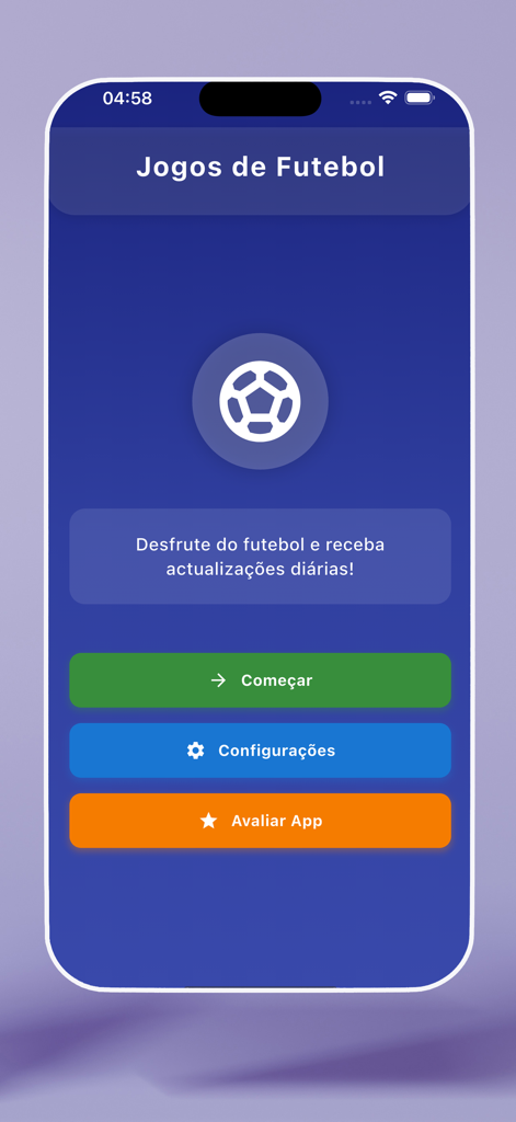 Home screen of the Futebol Max app with options to start and view settings