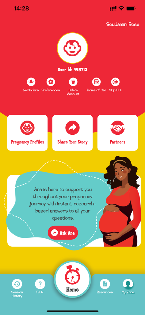 My Zone screen of the Count the Kicks app featuring pregnancy profiles, sharing tools, and the Ask Ana support feature.