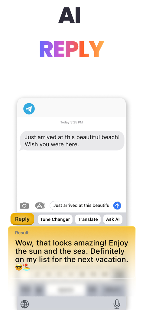 AI Keyboard: KeyAI - Una pantalla móvil que muestra el teclado KeyAI generando una respuesta inteligente automatizada a un mensaje sobre unas vacaciones en la playa