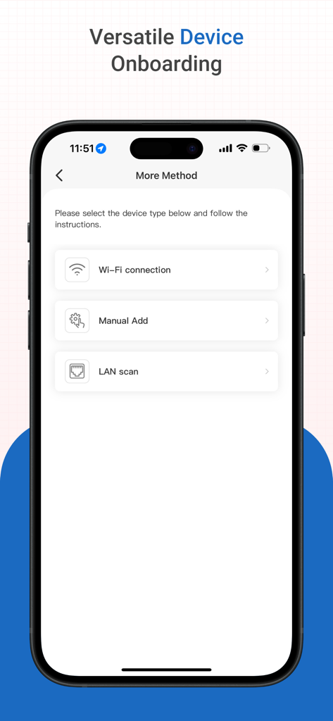ezyLiv plus mobile App-Bildschirm mit Geräte-Onboarding-Optionen, einschließlich WLAN-Verbindung, manueller Hinzufügung und LAN-Scan